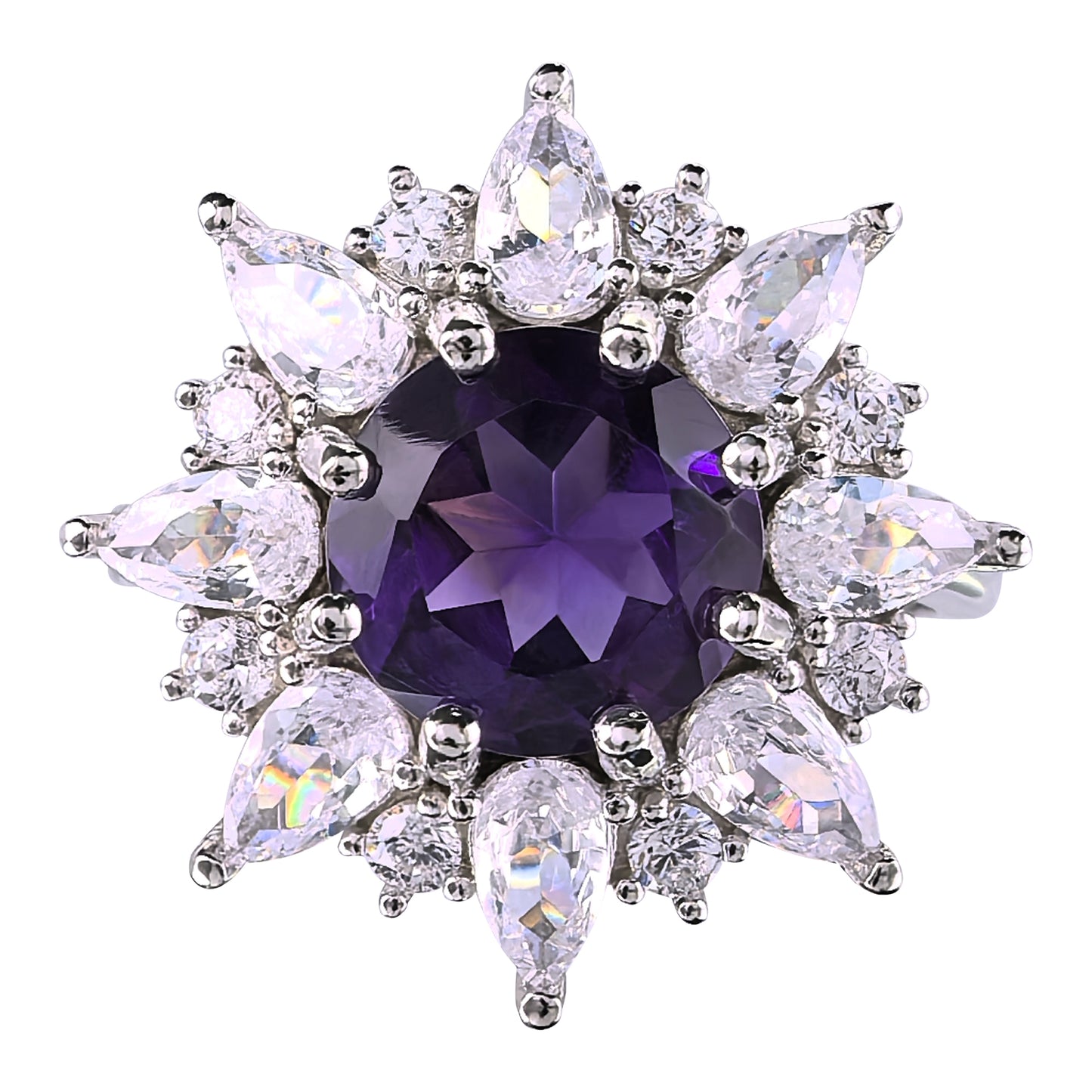Exquisite Rhodium Plated 925 Silver Jewelry Natural Amethyst Flower Ring