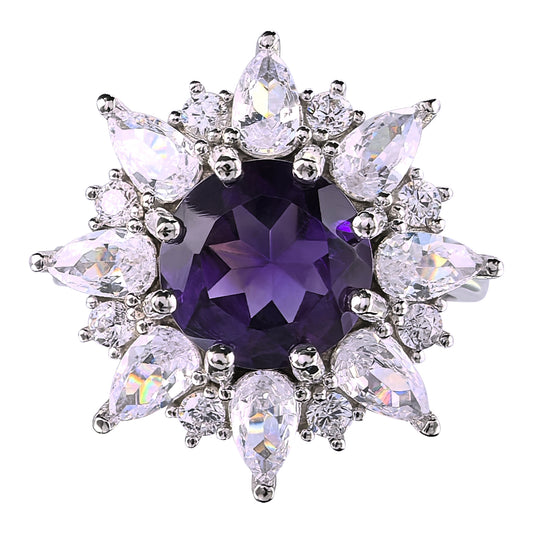 Exquisite Rhodium Plated 925 Silver Jewelry Natural Amethyst Flower Ring