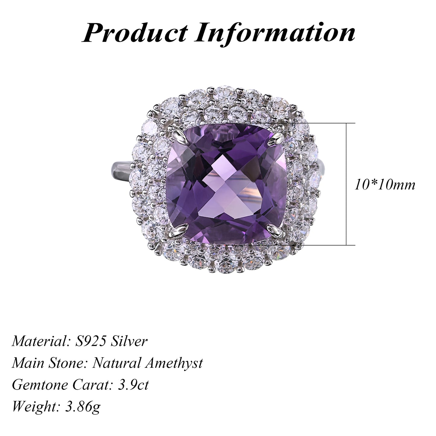 Brilliant Rhodium Plated Silver 925 Natural Amethyst Ring