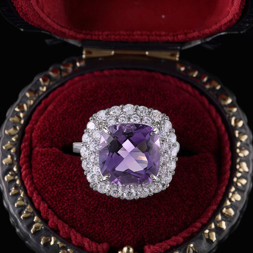 Brilliant Rhodium Plated Silver 925 Natural Amethyst Ring