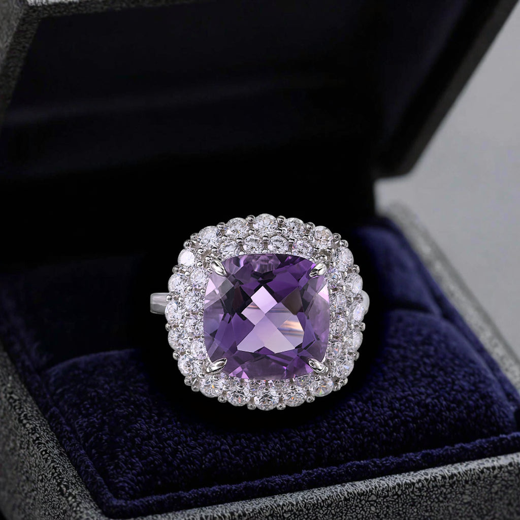 Brilliant Rhodium Plated Silver 925 Natural Amethyst Ring