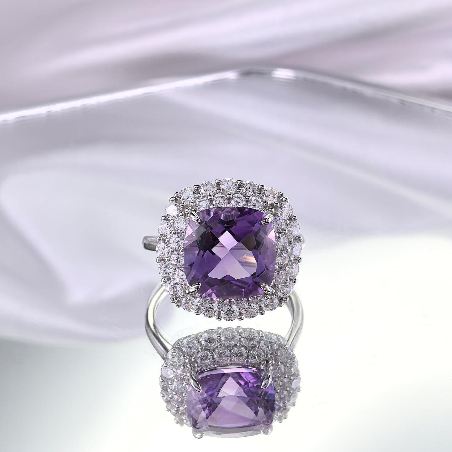 Brilliant Rhodium Plated Silver 925 Natural Amethyst Ring