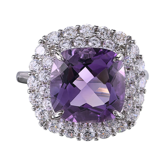 Brilliant Rhodium Plated Silver 925 Natural Amethyst Ring