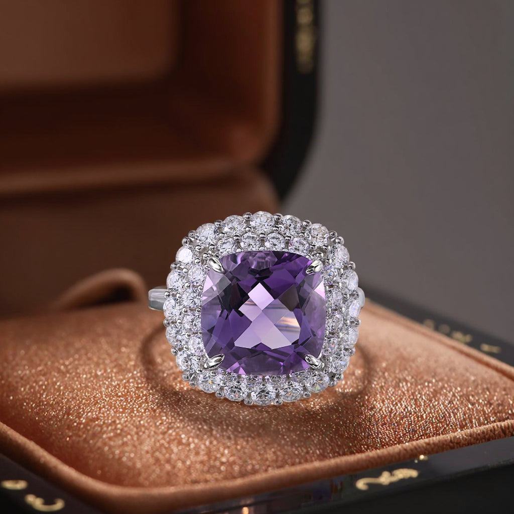 Brilliant Rhodium Plated Silver 925 Natural Amethyst Ring