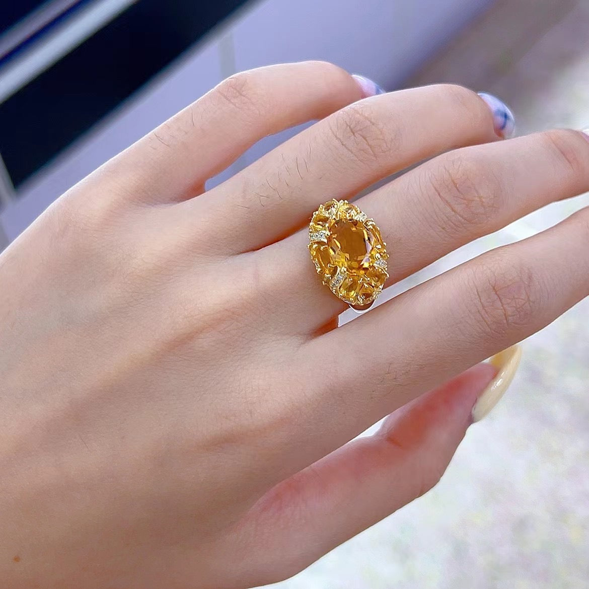 Elegant Personalized Design 925 Sterling Silver Natural Citrine Ring