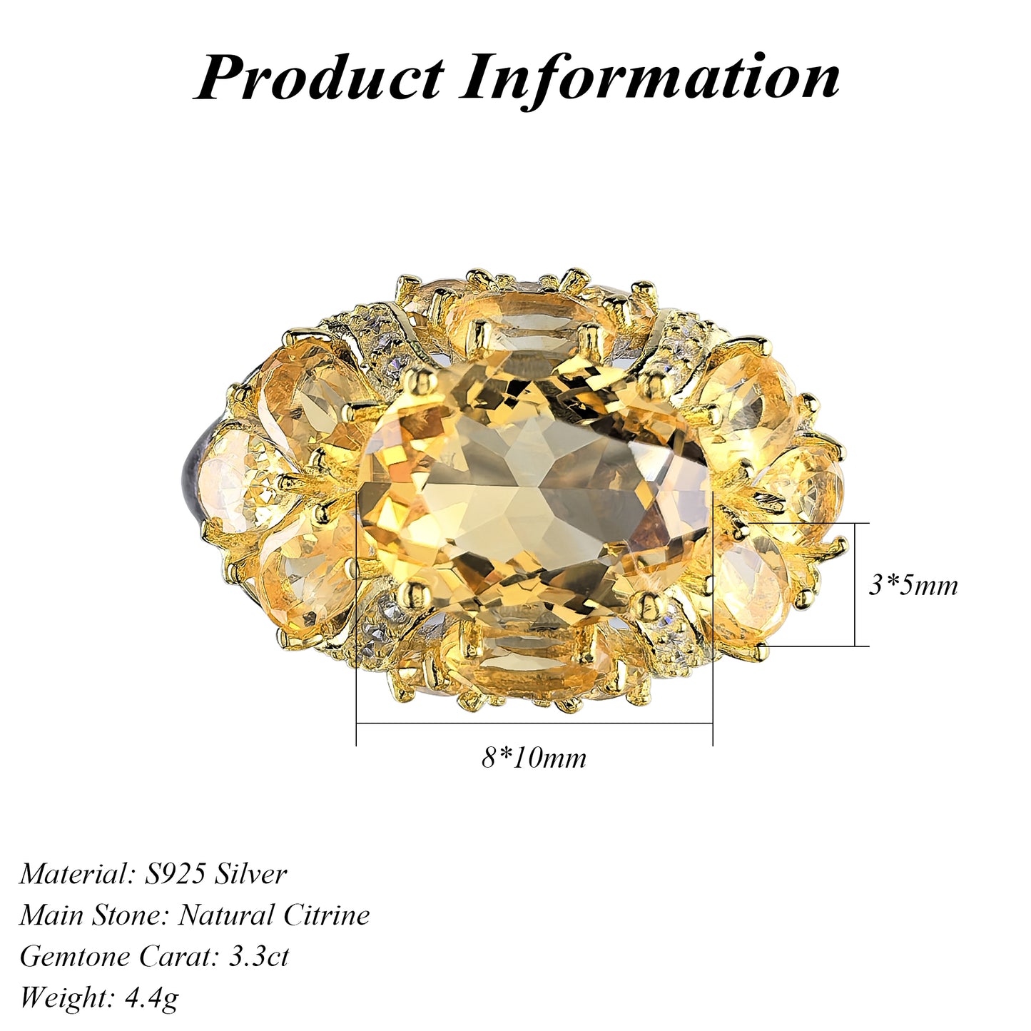 Elegant Personalized Design 925 Sterling Silver Natural Citrine Ring