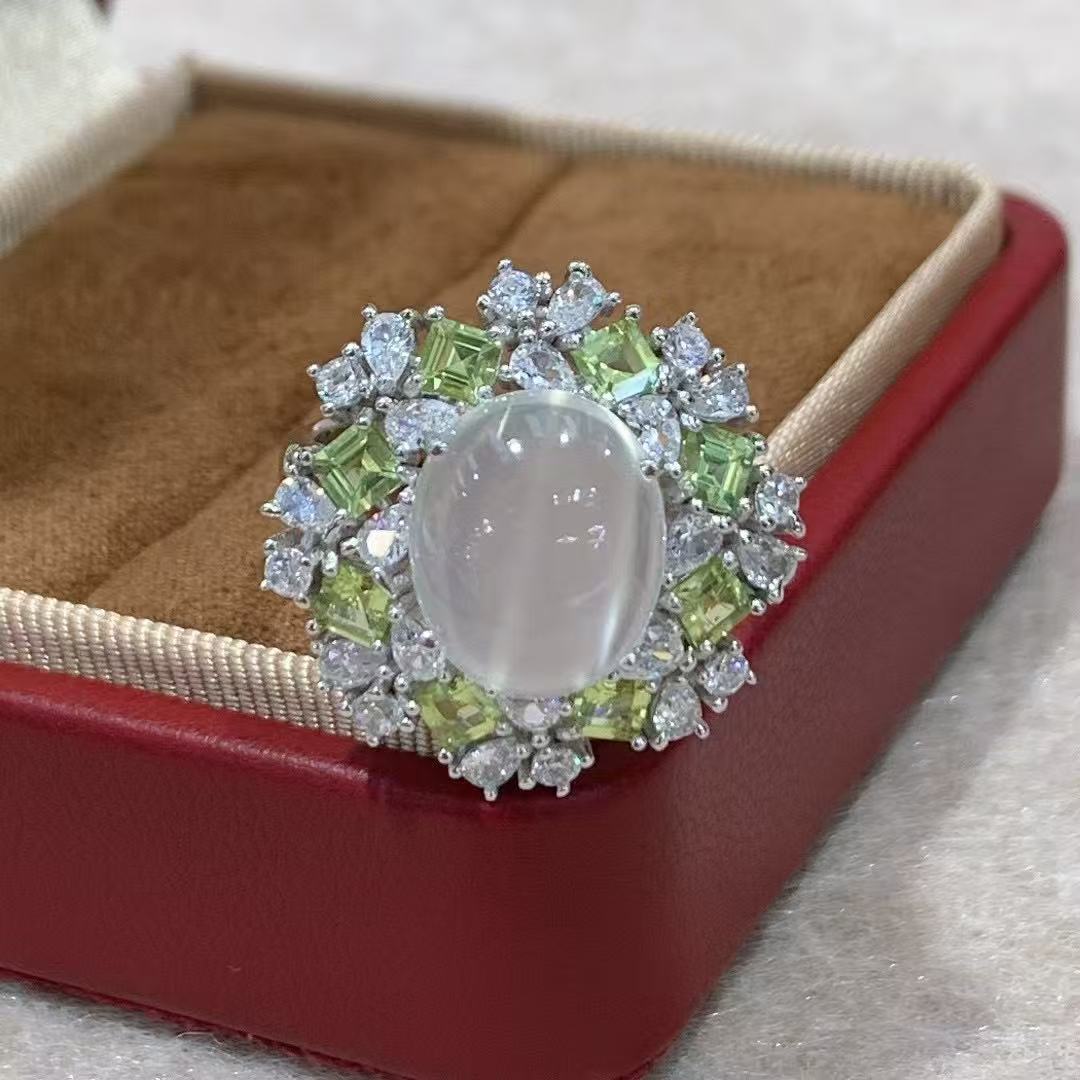 Original 925 Silver Jewelry Rhodium Plated Oval Cut Natural Moonstone Ring