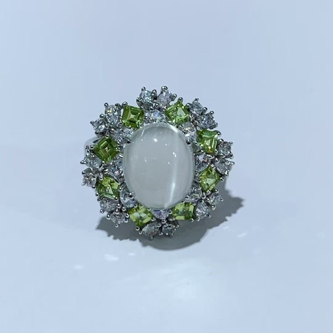 Original 925 Silver Jewelry Rhodium Plated Oval Cut Natural Moonstone Ring