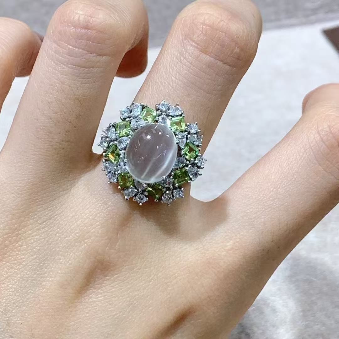 Original 925 Silver Jewelry Rhodium Plated Oval Cut Natural Moonstone Ring