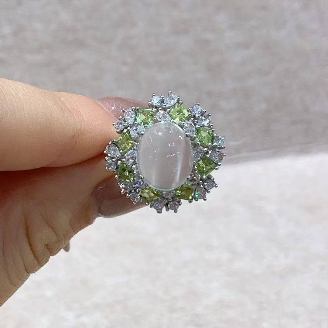 Original 925 Silver Jewelry Rhodium Plated Oval Cut Natural Moonstone Ring