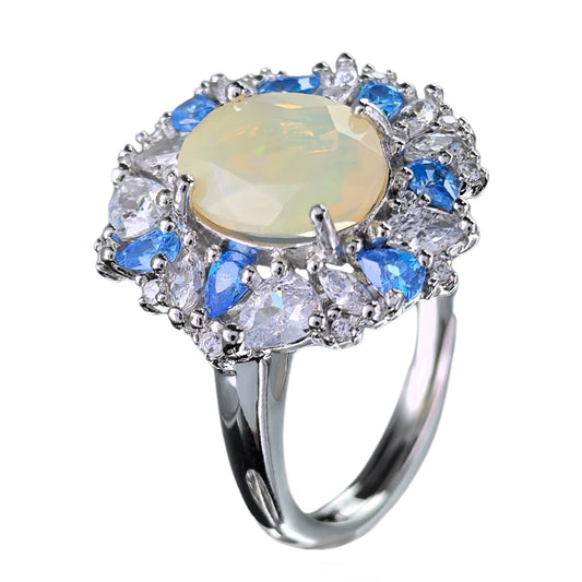 Sparkling Rhodium Plated Silver 925 Jewelry Natural Opal Ring for Women Fine Rings
