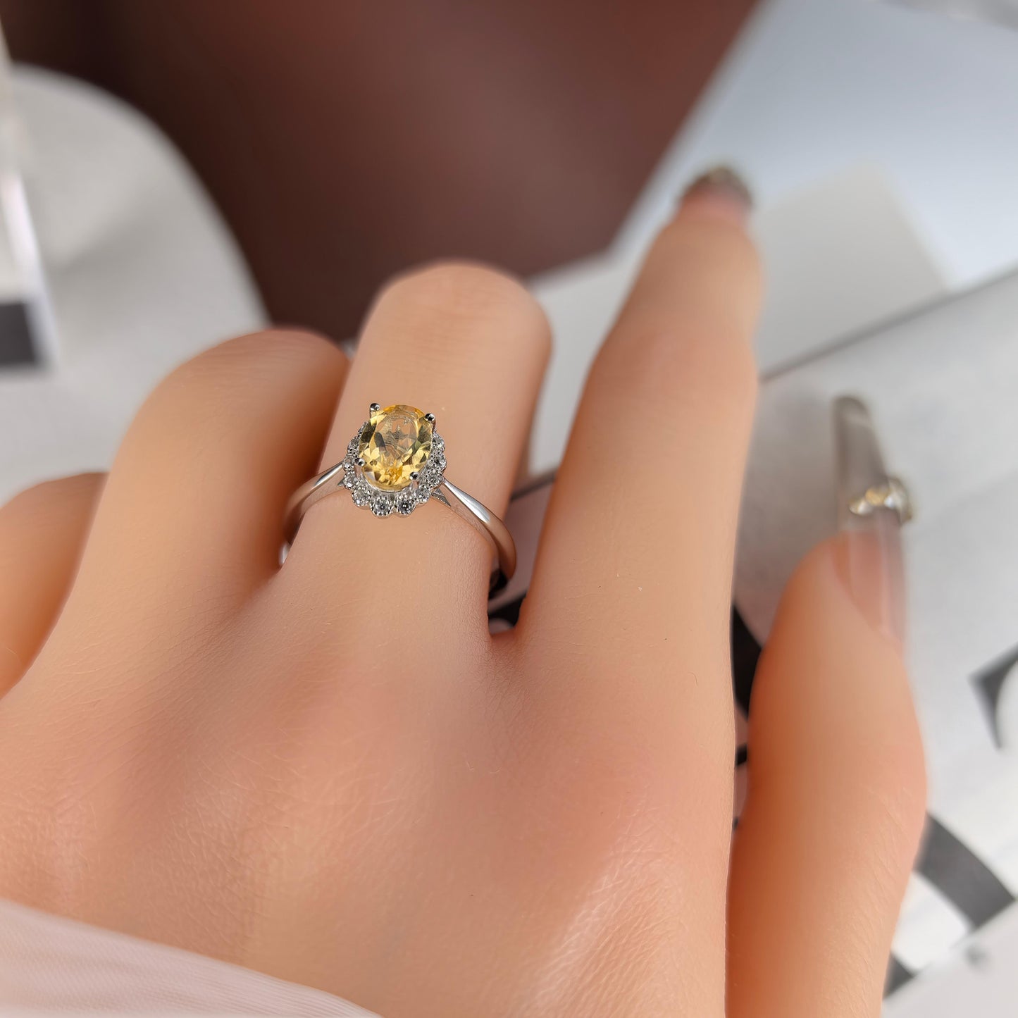 Gorgeous Rhodium Plated 925 Sterling Silver Natural Citrine Ring