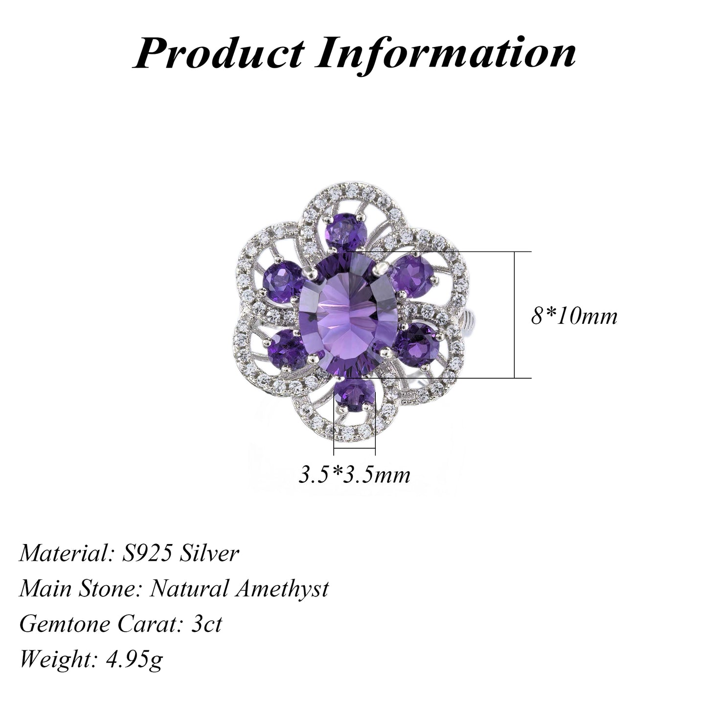 Gorgeous Rhodium Plated Silver 925 Jewelry Natural Amethyst Ring