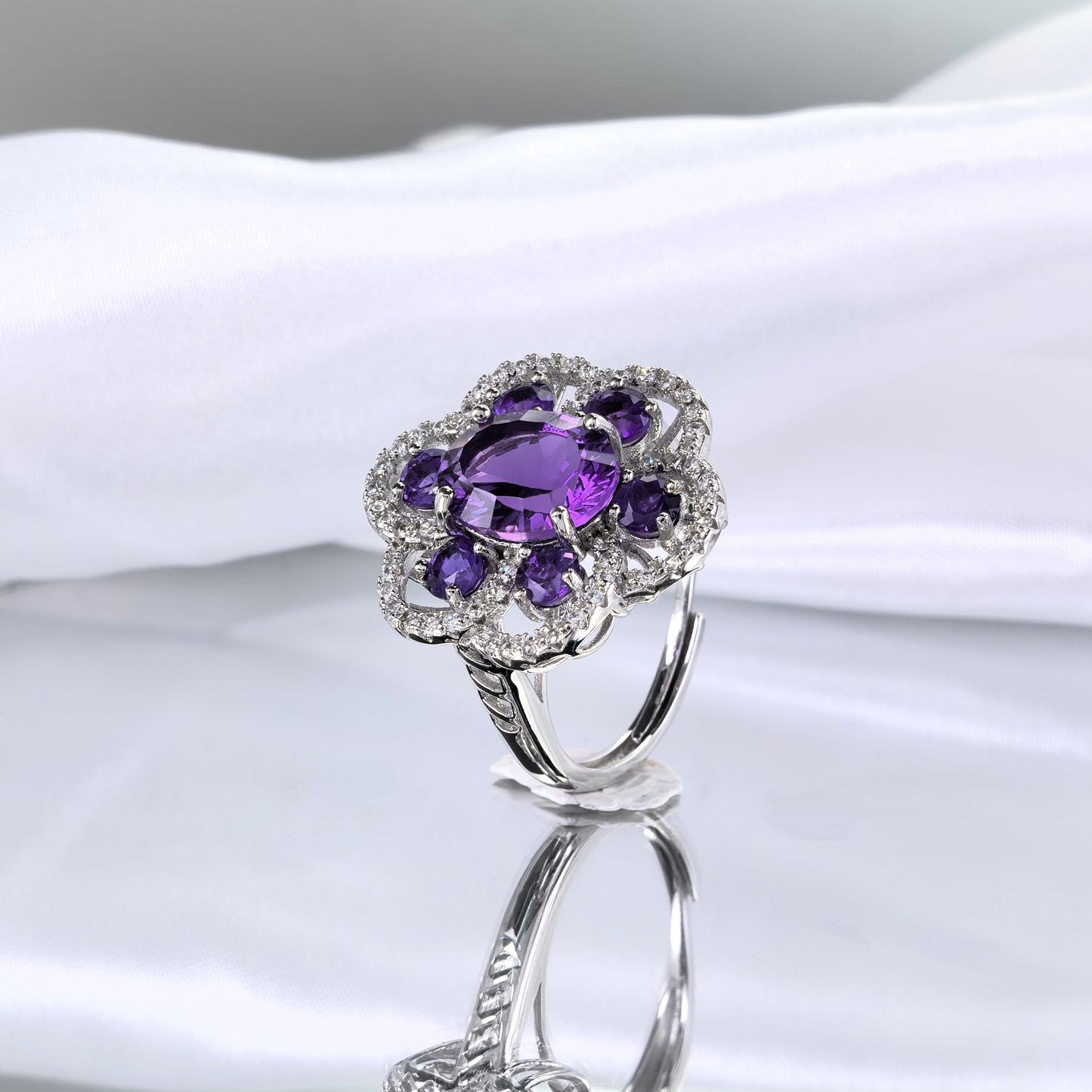 Gorgeous Rhodium Plated Silver 925 Jewelry Natural Amethyst Ring