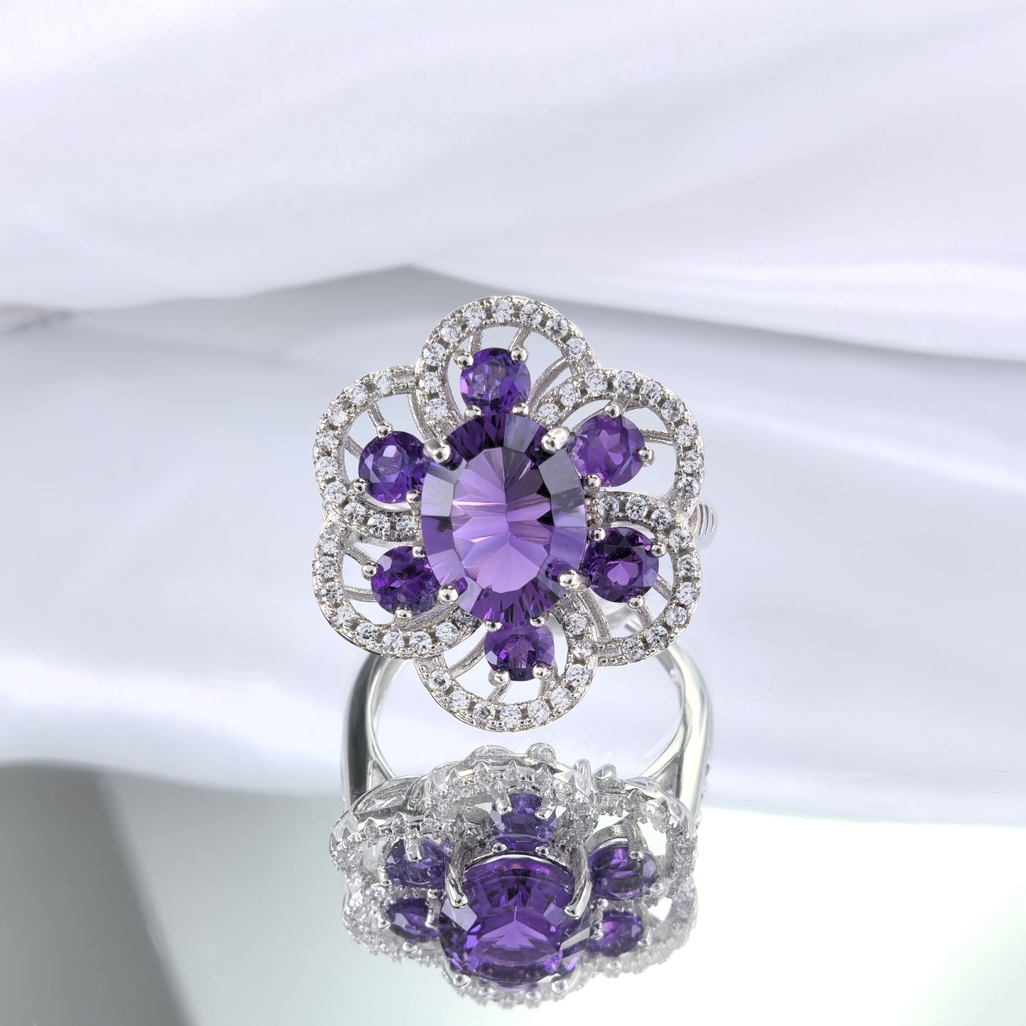 Gorgeous Rhodium Plated Silver 925 Jewelry Natural Amethyst Ring