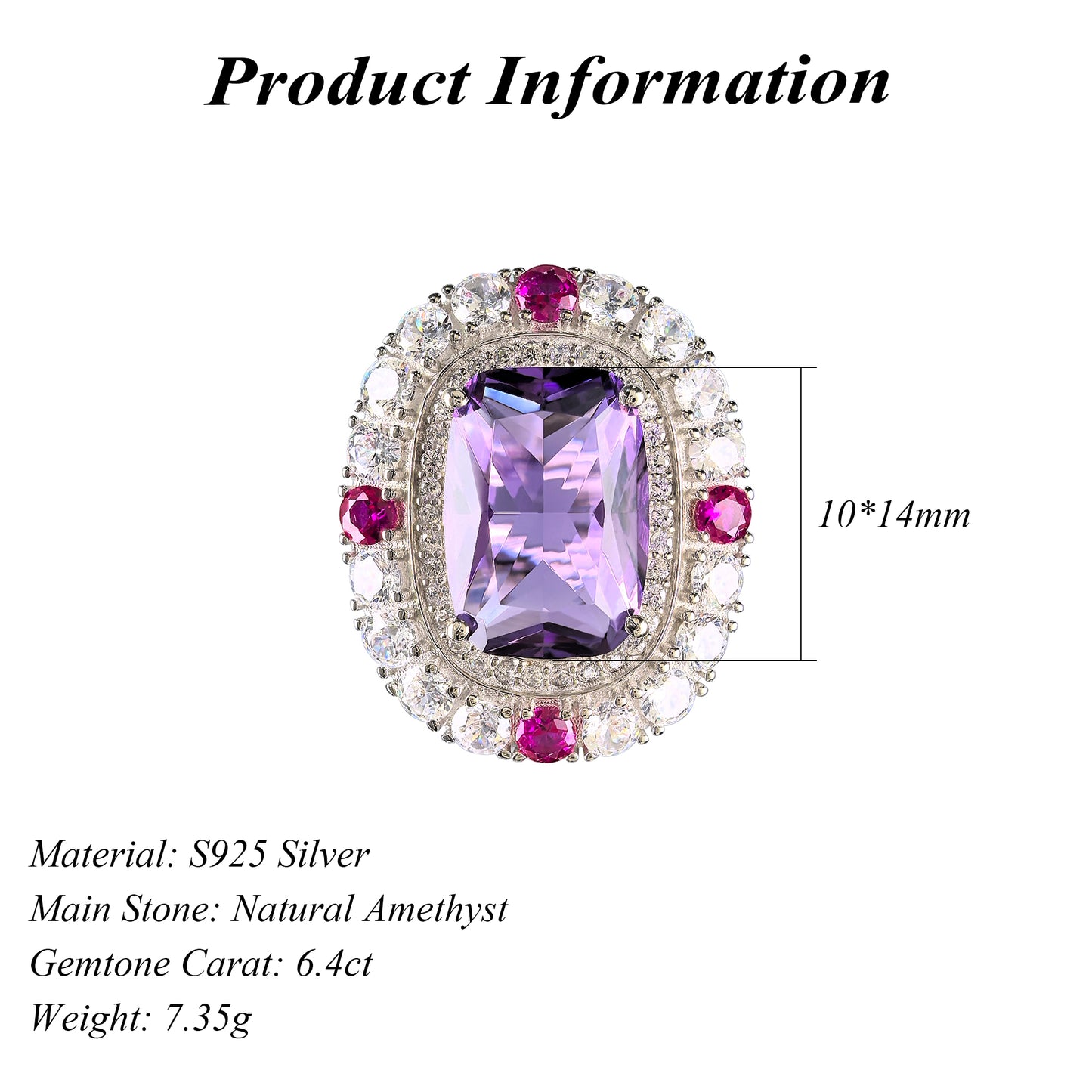 Noble Rhodium Plated 925 Silver Natural Amethyst Ring