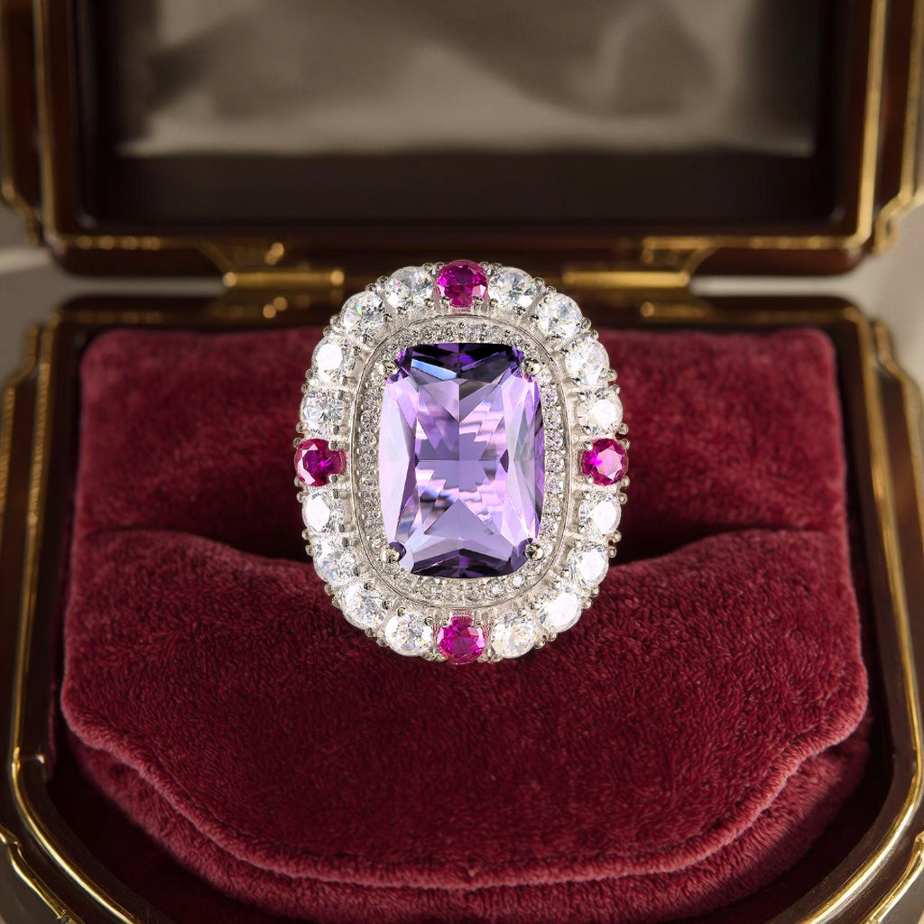 Noble Rhodium Plated 925 Silver Natural Amethyst Ring