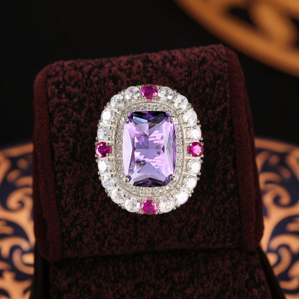 Noble Rhodium Plated 925 Silver Natural Amethyst Ring
