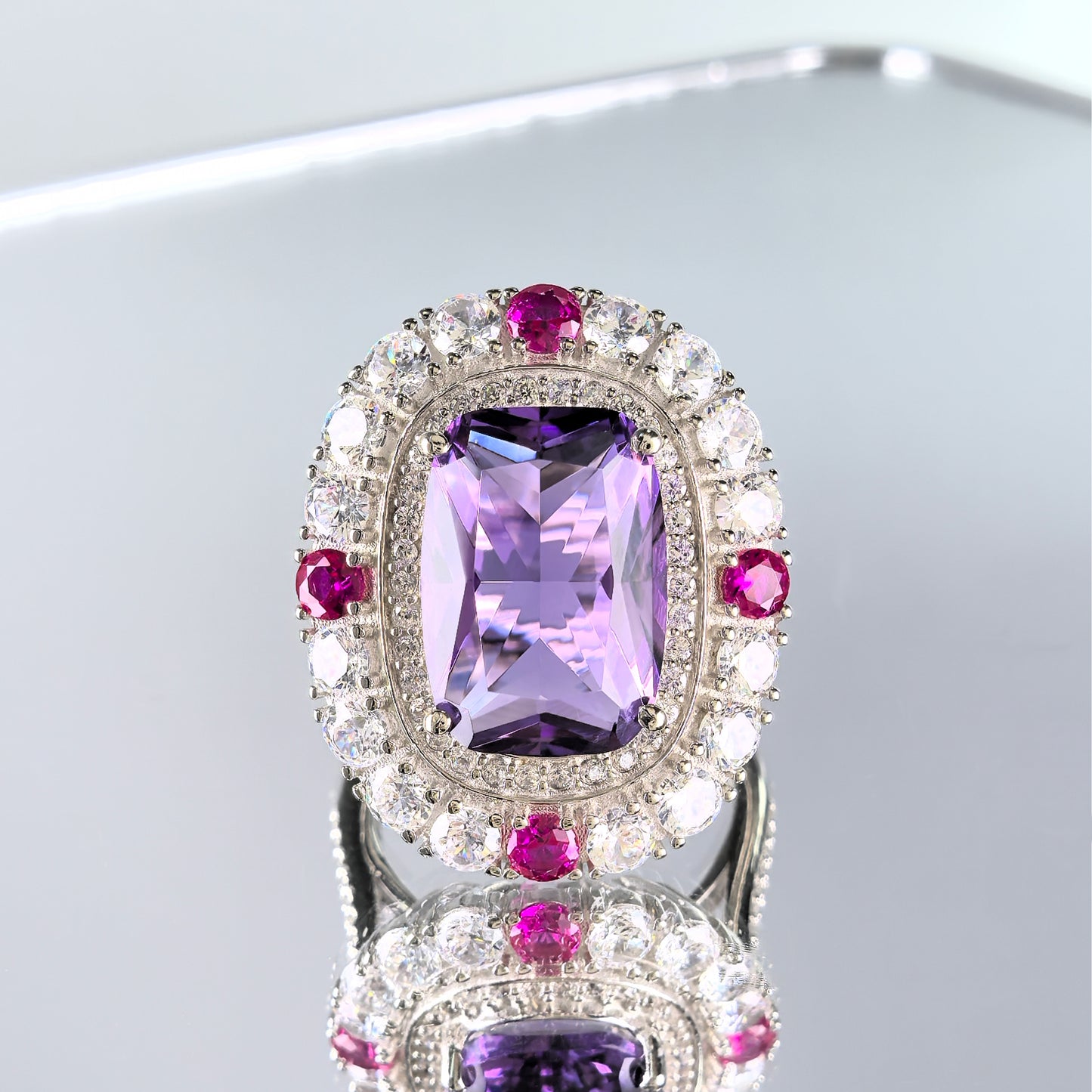 Noble Rhodium Plated 925 Silver Natural Amethyst Ring