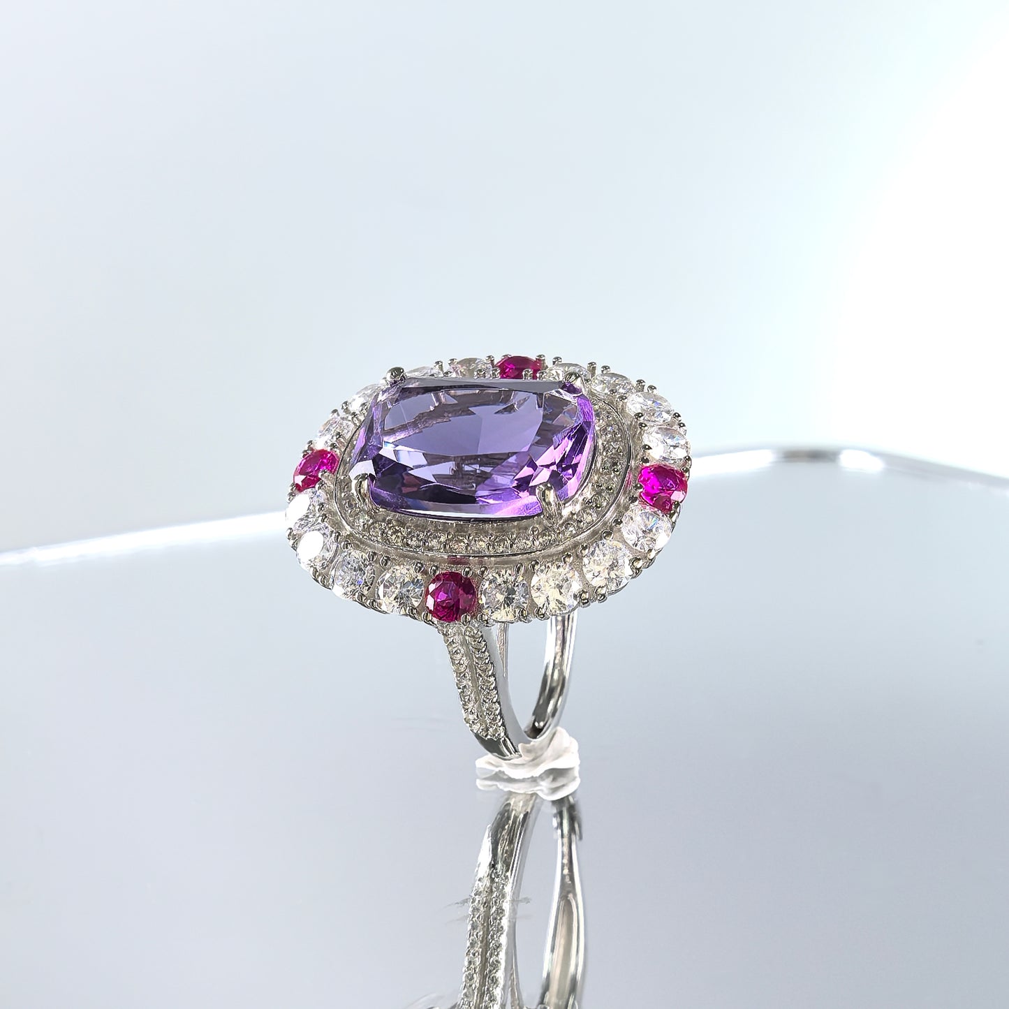 Noble Rhodium Plated 925 Silver Natural Amethyst Ring