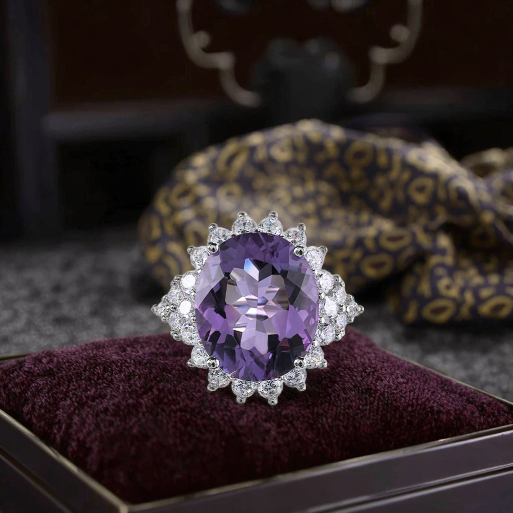 Elegant Rhodium Plated Silver 925 Natural Amethyst Ring