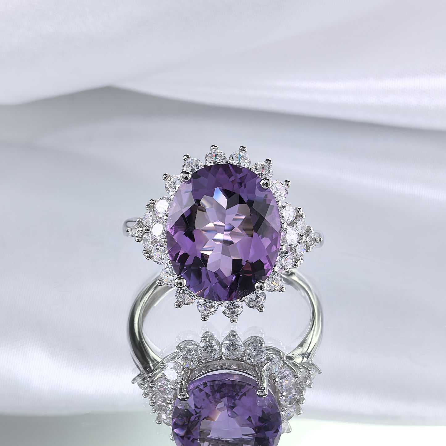 Elegant Rhodium Plated Silver 925 Natural Amethyst Ring