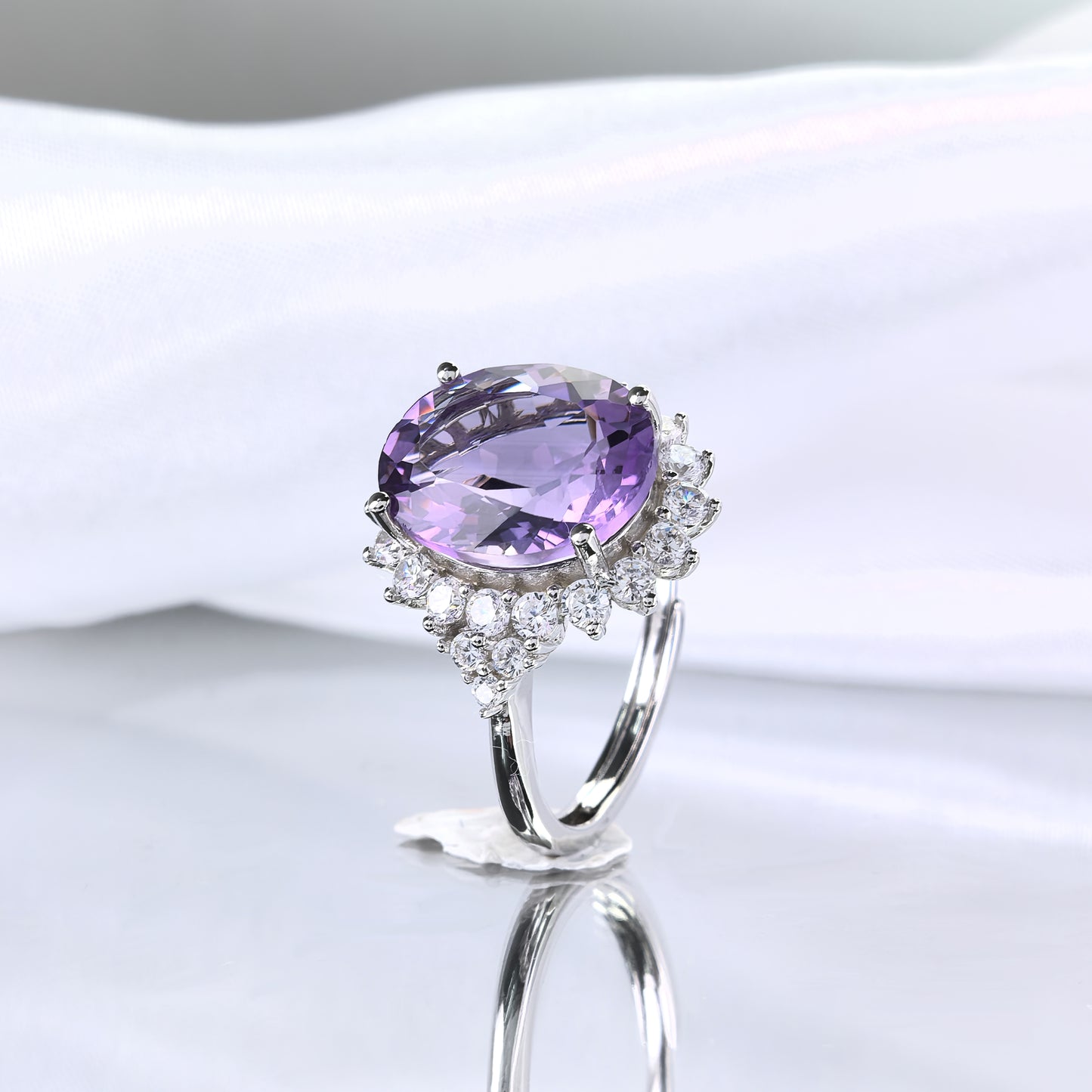 Elegant Rhodium Plated Silver 925 Natural Amethyst Ring
