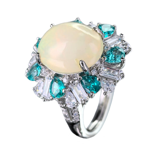 Dazzling Rhodium Plated Silver 925 Jewelry Natural Opal Ring