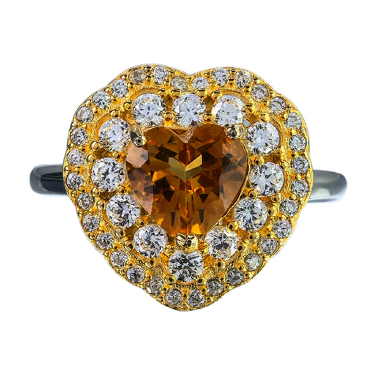 Dazzling Rhodium and Gold Plated Silver 925 Jewelry Natural Citrine Heart Ring