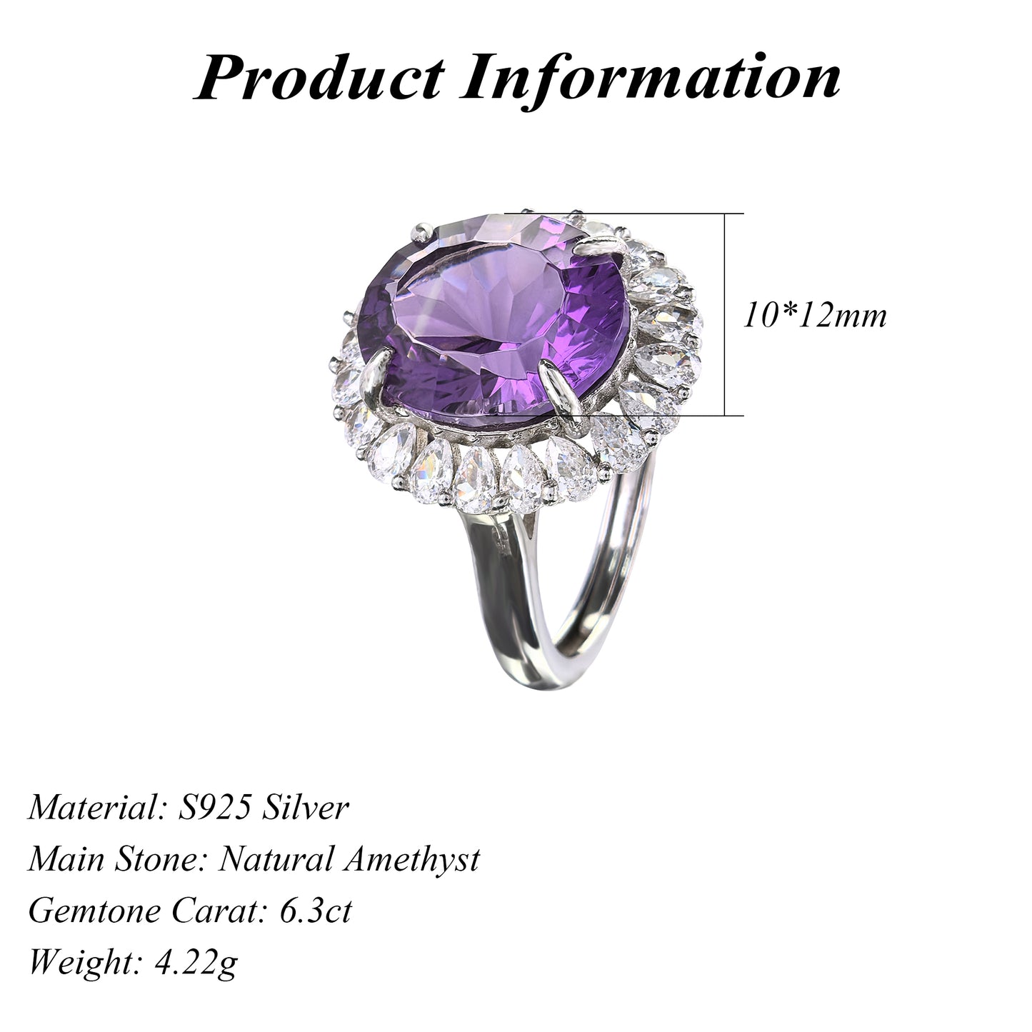 Gorgeous Rhodium Plated 925 Sterling Silver Natural Amethyst Ring