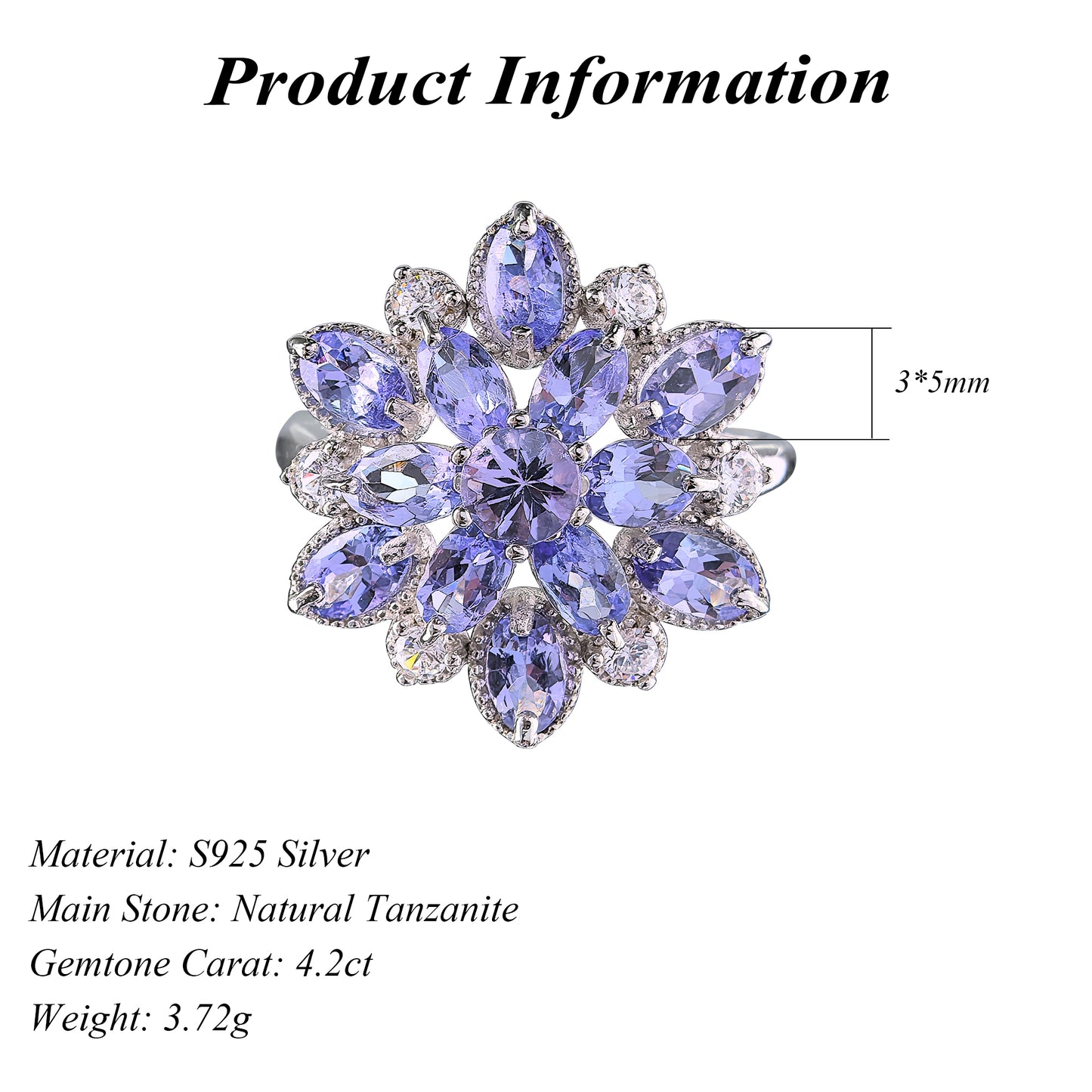 Natural Tanzanite Stone Flower Shaped Rhodium Plated Oval Cut Rings