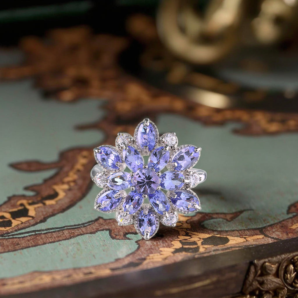 Natural Tanzanite Stone Flower Shaped Rhodium Plated Oval Cut Rings