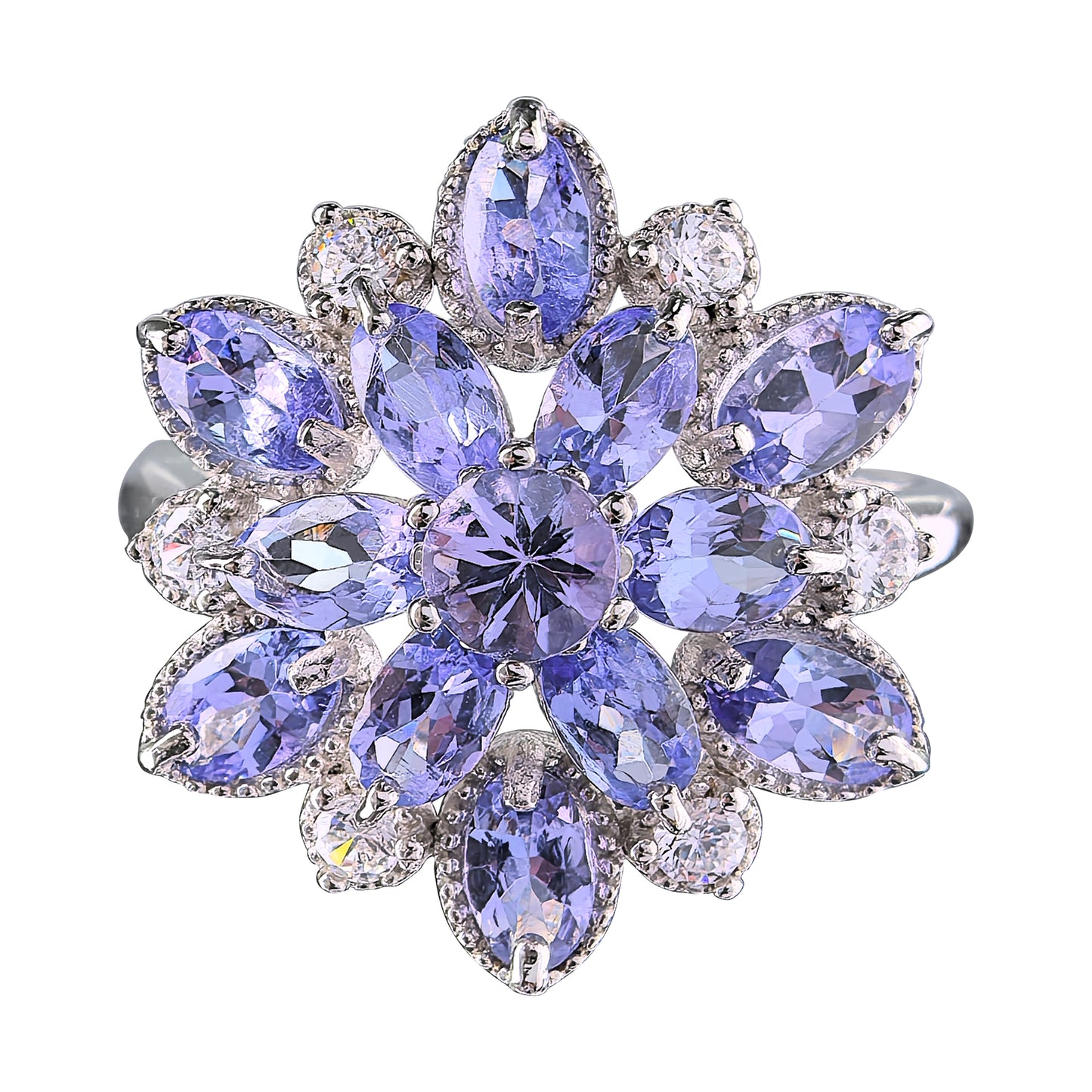 Natural Tanzanite Stone Flower Shaped Rhodium Plated Oval Cut Rings