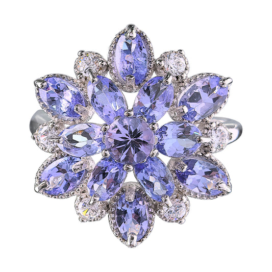 Natural Tanzanite Stone Flower Shaped Rhodium Plated Oval Cut Rings