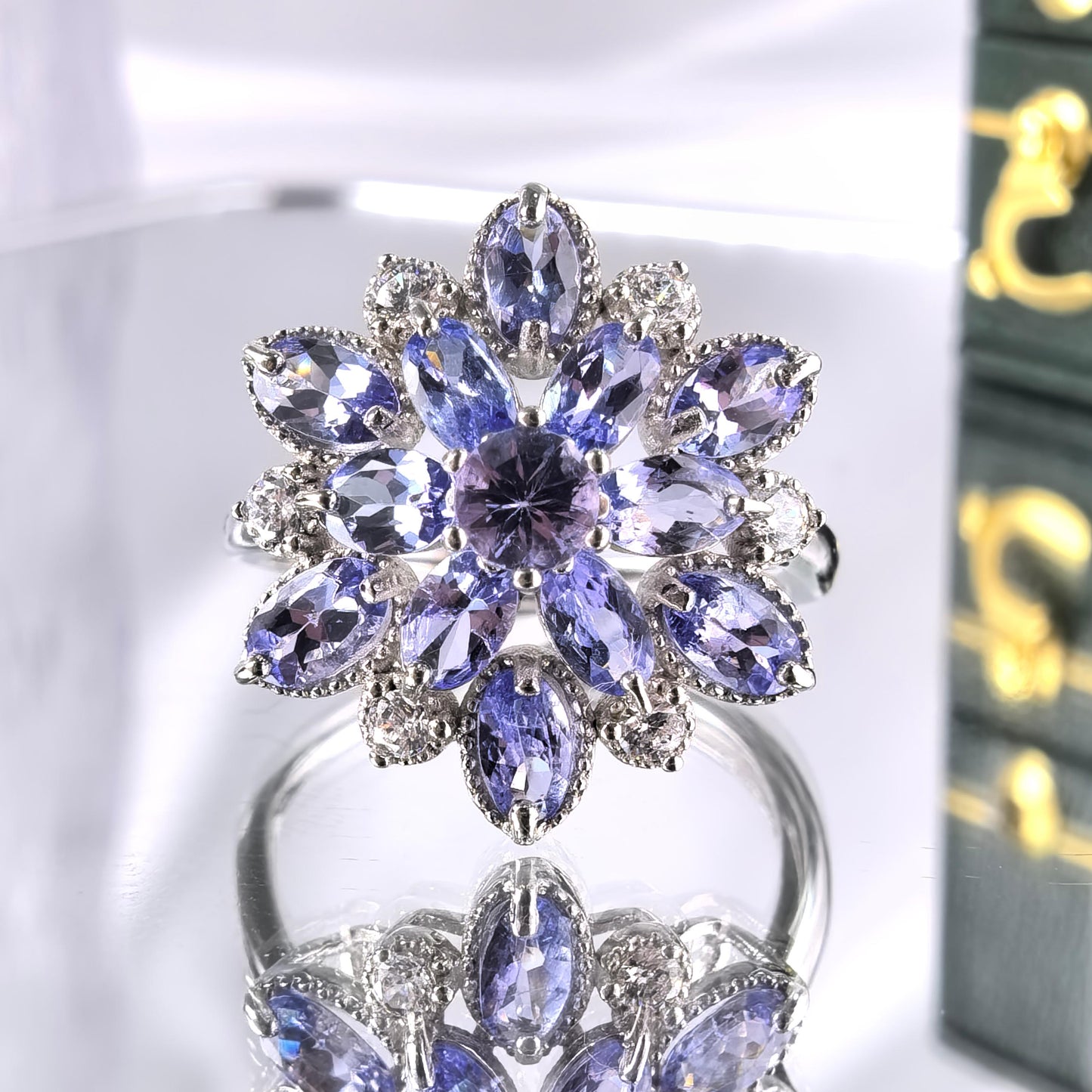 Natural Tanzanite Stone Flower Shaped Rhodium Plated Oval Cut Rings