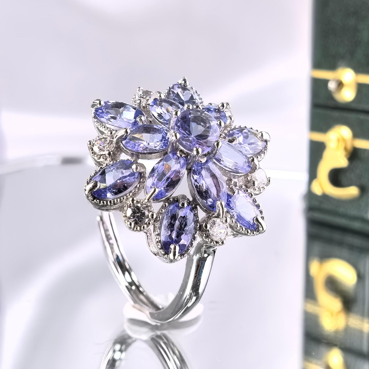 Natural Tanzanite Stone Flower Shaped Rhodium Plated Oval Cut Rings