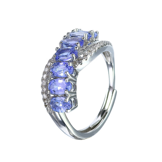 Graceful Rhodium Plated 925 Silver Jewelry Natural Tanzanite Ring