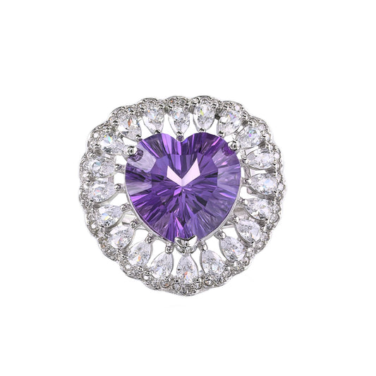 Romantic Rhodium-Plated 925 Sterling Silver Natural Amethyst Heart Gemstone Ring