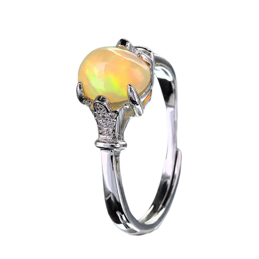 Gorgeous Rhodium Plated 925 Silver Natural Opal Ring Oval Cut Gemstone Jewelry