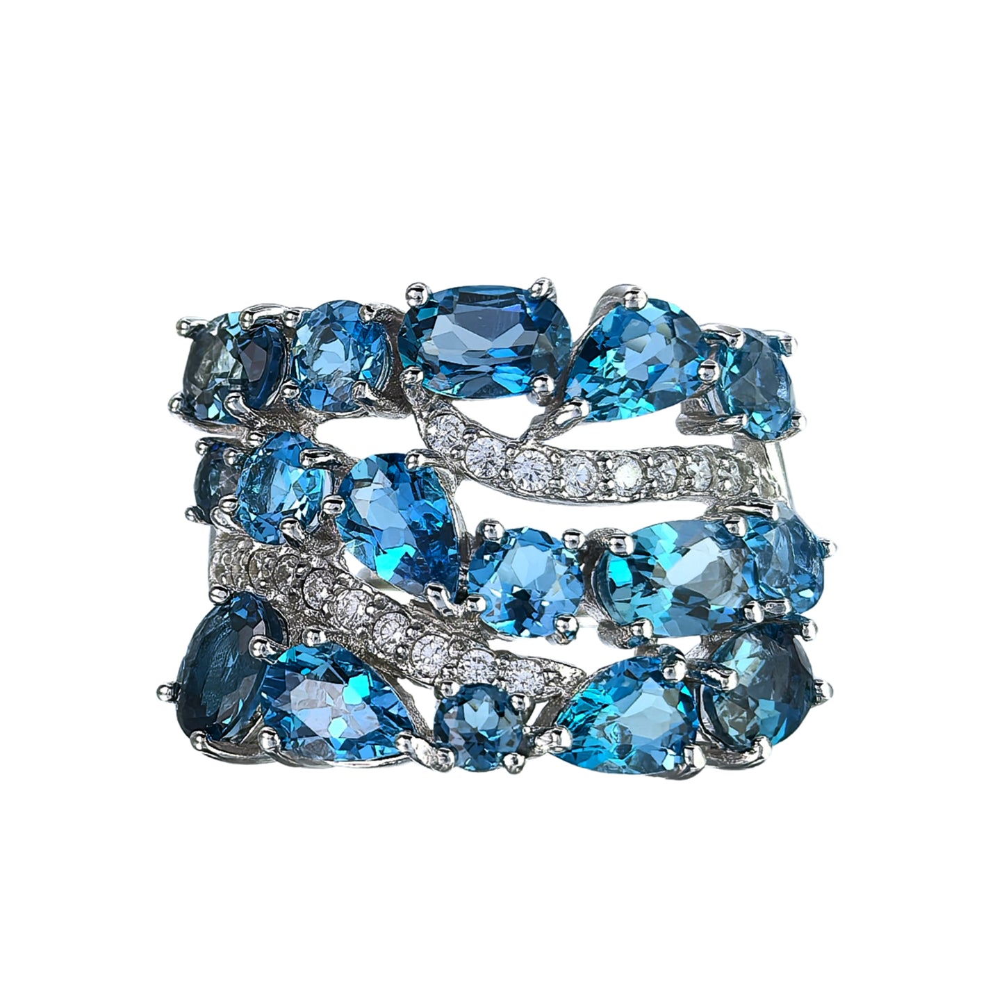 Dazzling Rhodium Plated 925 Silver Jewelry Natural London Blue Topaz Ring