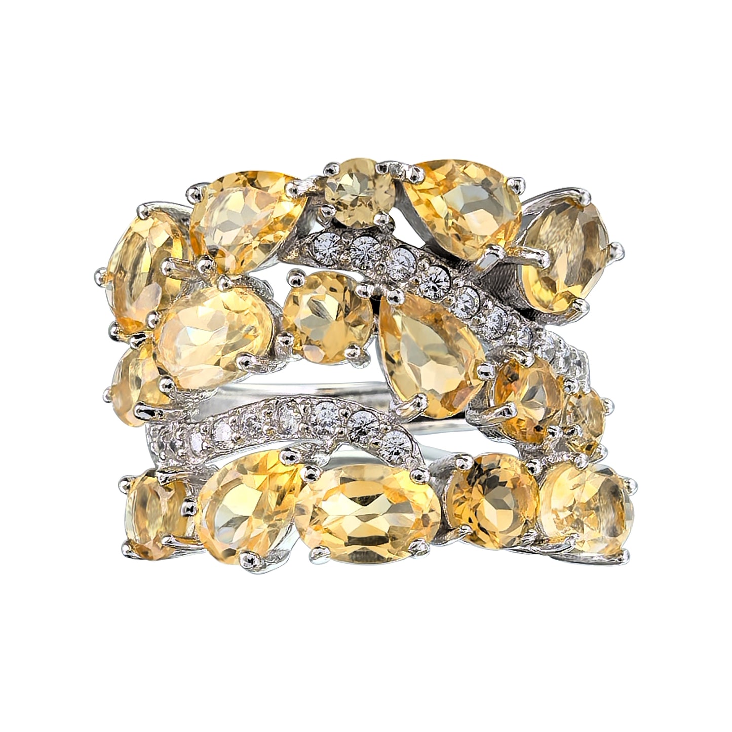 Rhodium Plated 925 Sterling Silver Natural Swiss Blue Topaz/Spinel/Diopside/Citrine Ring