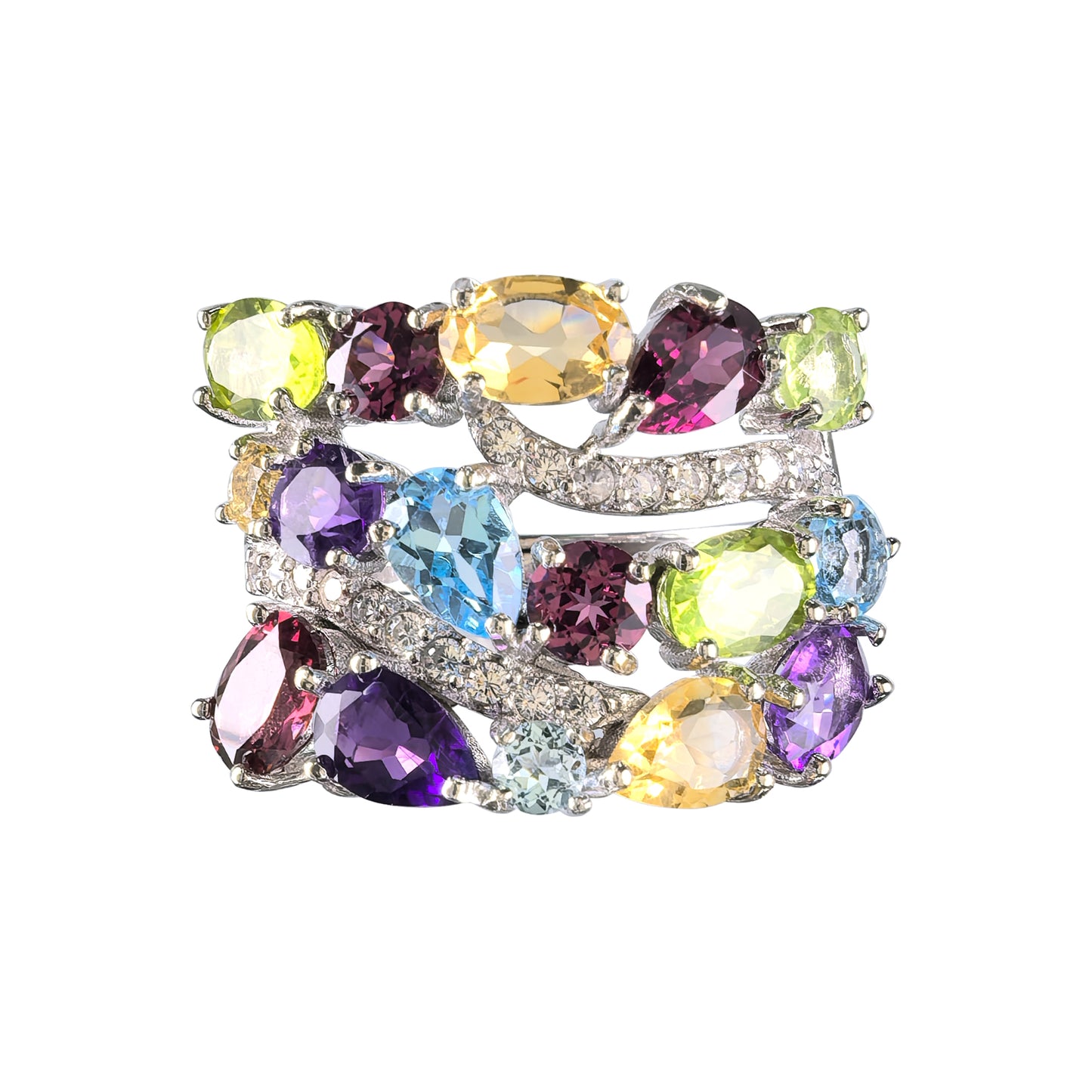Rhodium Plated 925 Sterling Silver Natural Swiss Blue Topaz/Spinel/Diopside/Citrine Ring