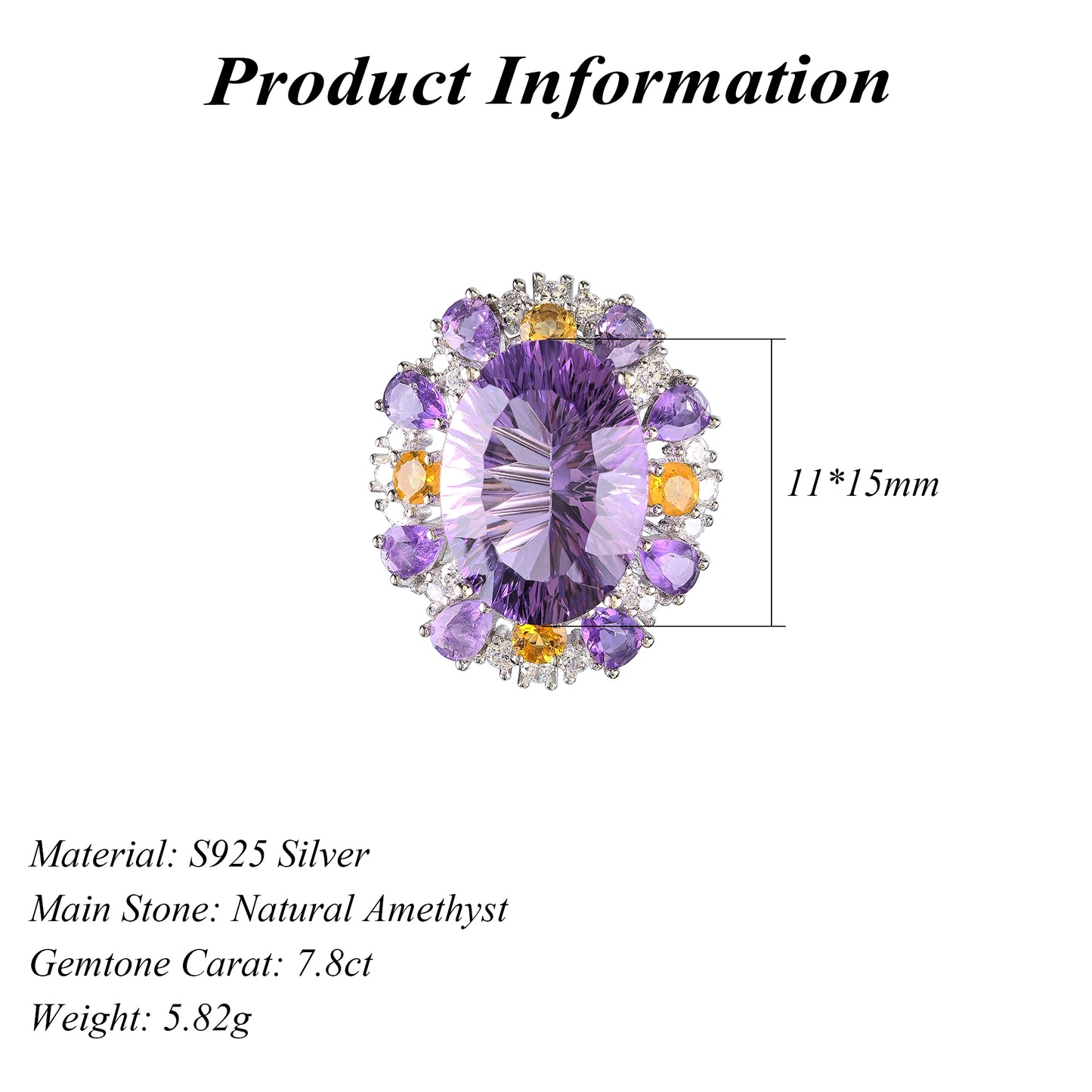 Noble Rhodium Plated Silver 925 Natural Amethyst Ring