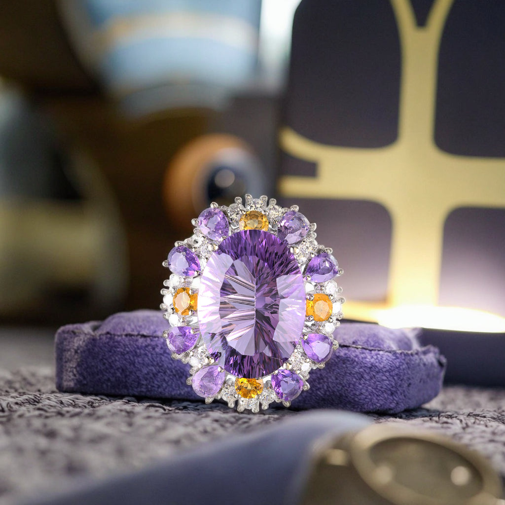 Noble Rhodium Plated Silver 925 Natural Amethyst Ring