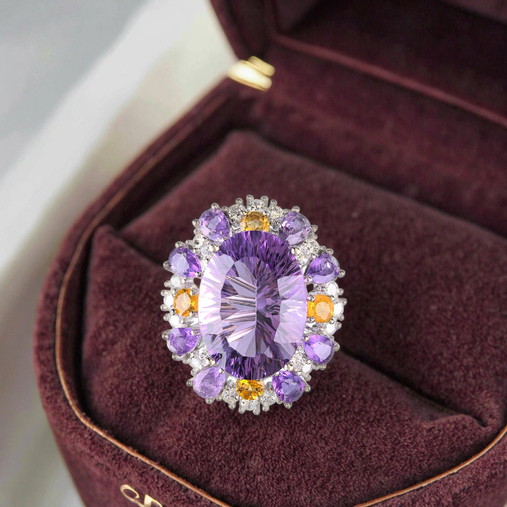 Noble Rhodium Plated Silver 925 Natural Amethyst Ring