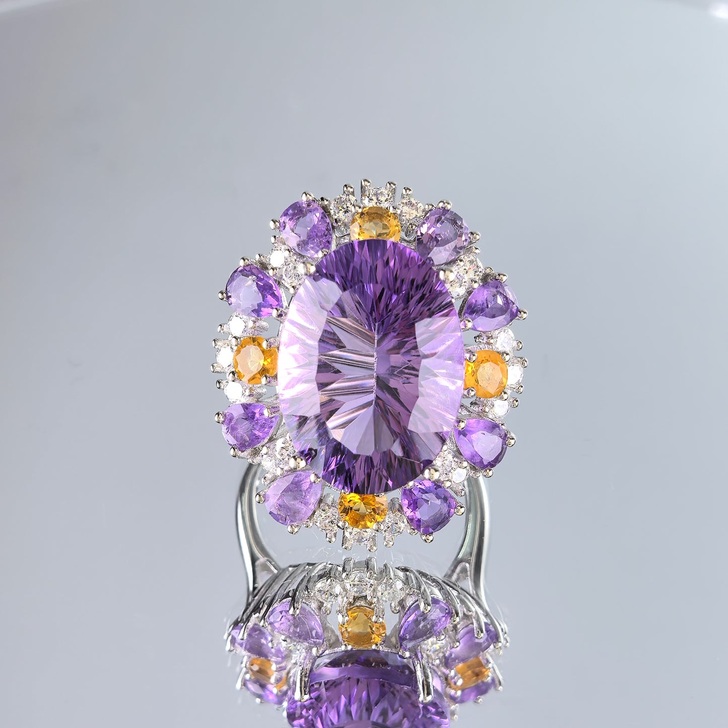 Noble Rhodium Plated Silver 925 Natural Amethyst Ring