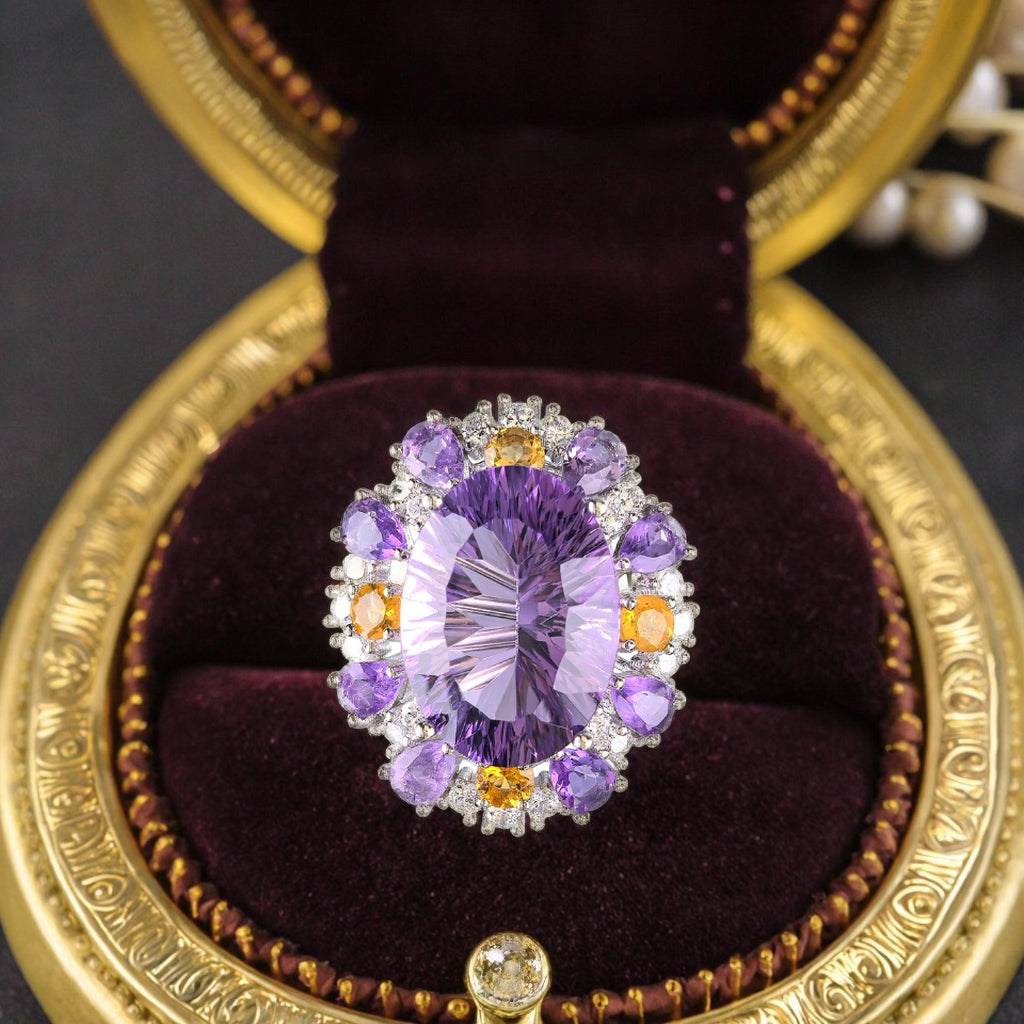 Noble Rhodium Plated Silver 925 Natural Amethyst Ring