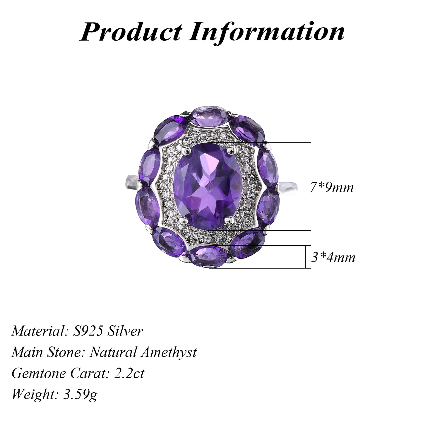 925 Sterling Silver Sparkling Rhodium Plated Classic Oval Cut Natural Amethyst Ring