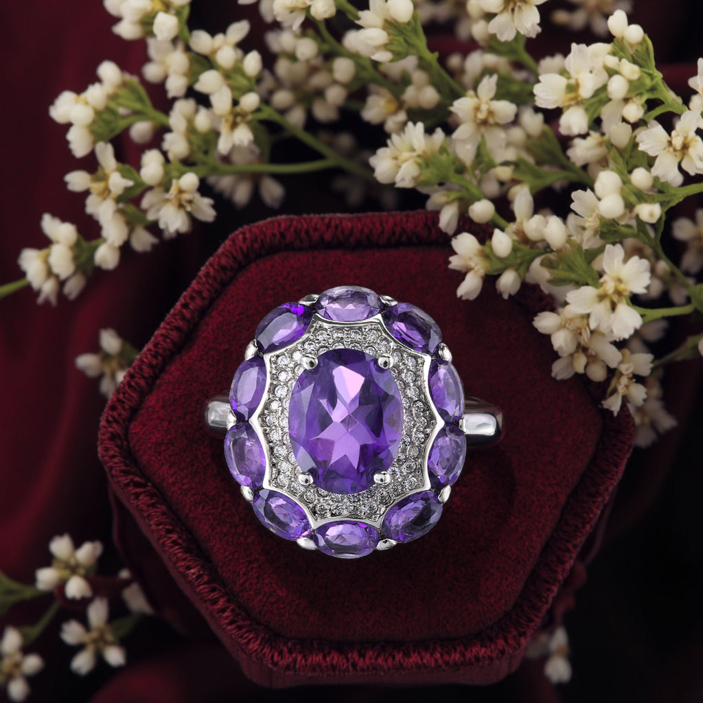 925 Sterling Silver Sparkling Rhodium Plated Classic Oval Cut Natural Amethyst Ring