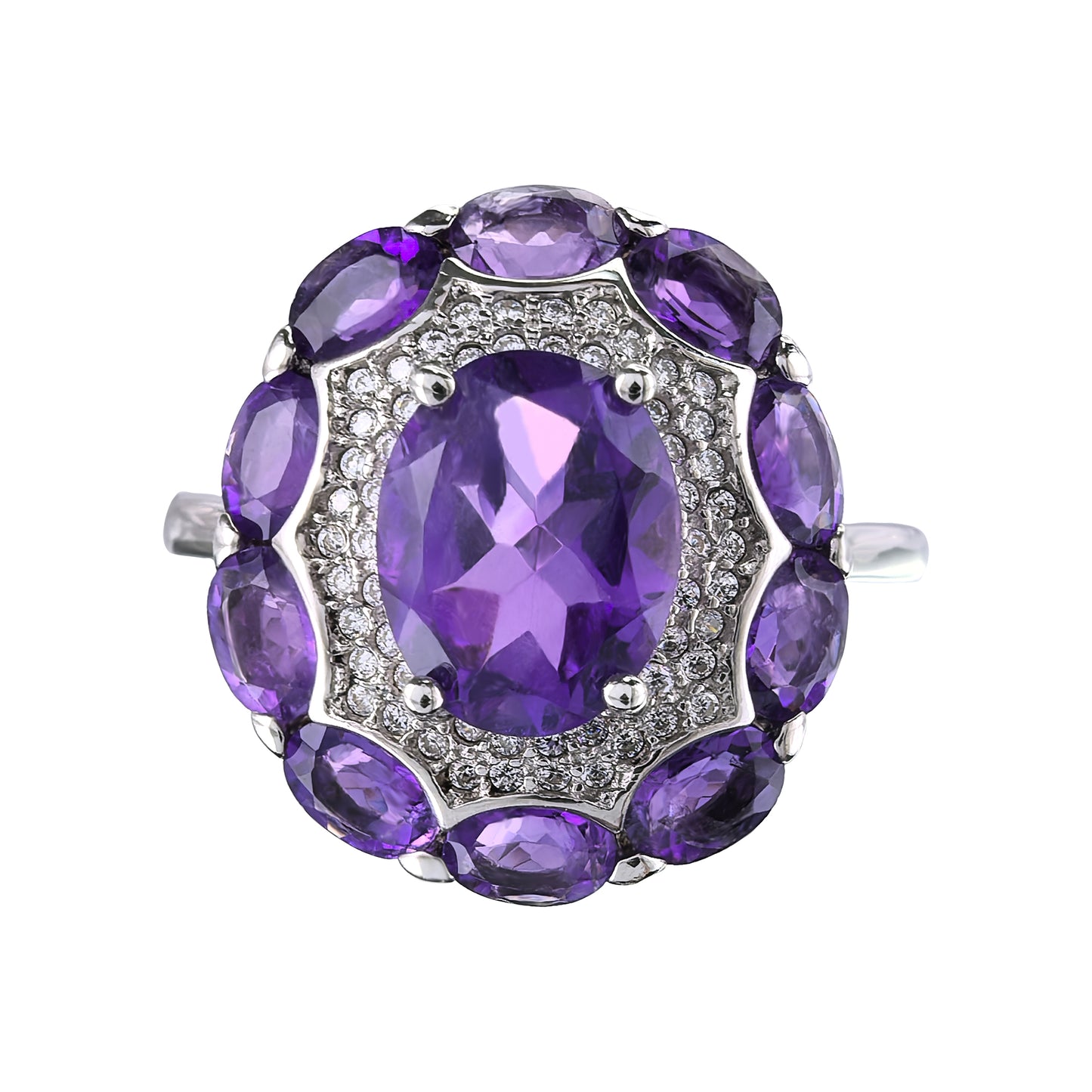 925 Sterling Silver Sparkling Rhodium Plated Classic Oval Cut Natural Amethyst Ring
